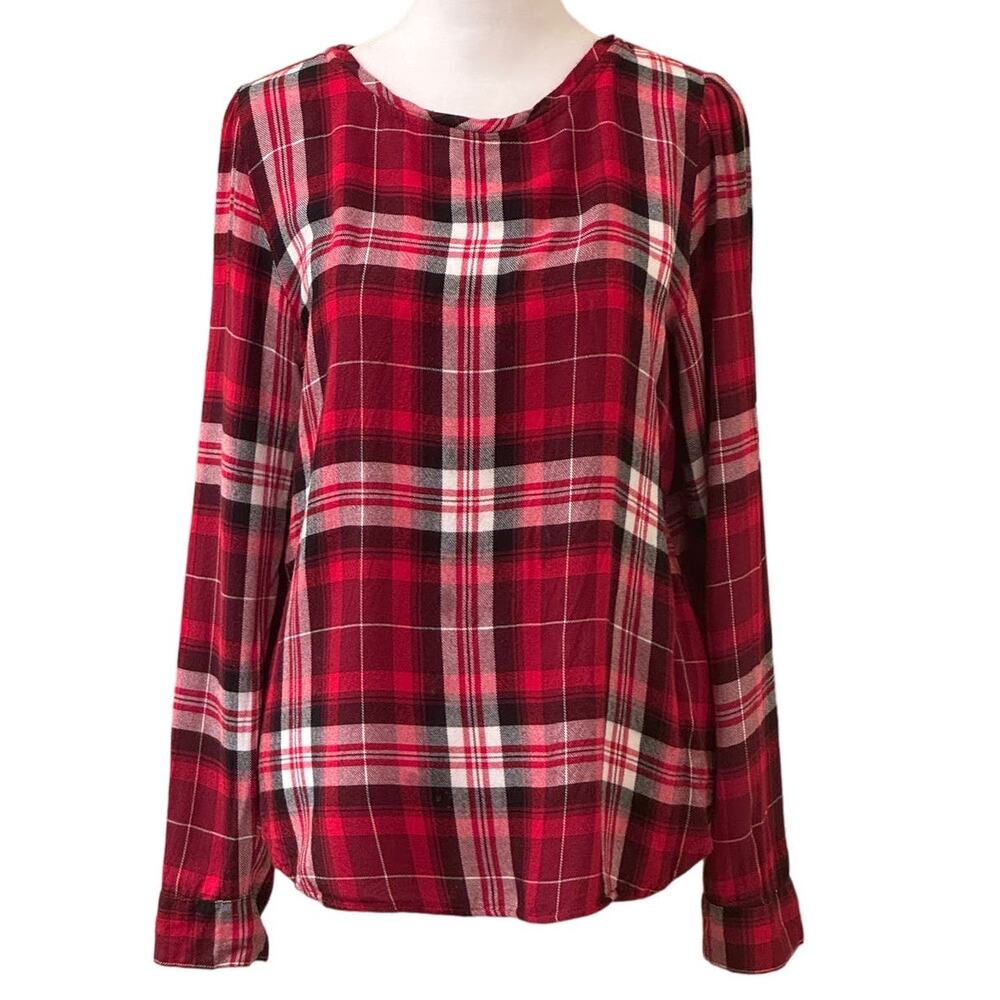 LOFT Red Plaid Soft Long Sleeve Popover Blouse Size Medium